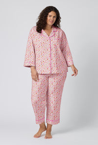 A lady wearing plus size Blushwood 3/4 Sleeve Classic Woven Portuguese Flannel Cropped Pj Set