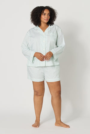 Mint Signature Stripe Long Sleeve Classic Woven Cotton Sateen Shorty PJ Set