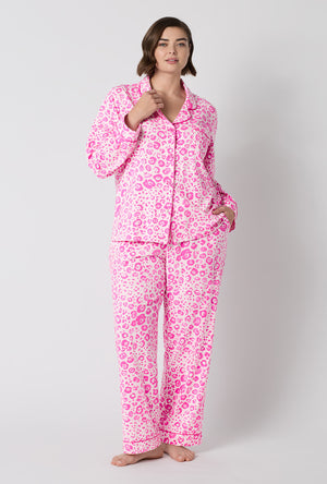 A Lady Wearing Plus Size Valentina Leopard Long Sleeve Classic Stretch Jersey Pj Set