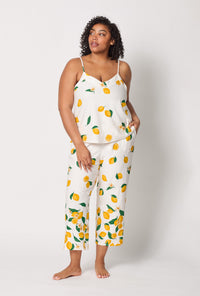 A lady wearing plus size White and Yellow Cami Stretch Jersey Cropped Pj Set front view