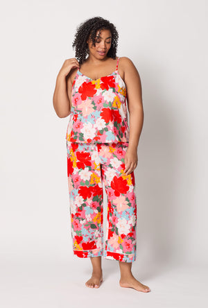 A lady wearing plus size Cassandra Cami Woven Cotton Poplin Cropped Pj Set