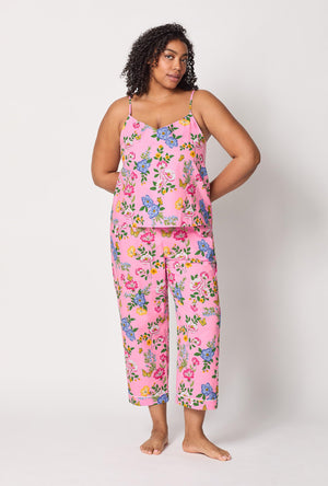 A lady wearing plus size Pink Cami Woven Cotton Poplin Cropped Pj Set front view