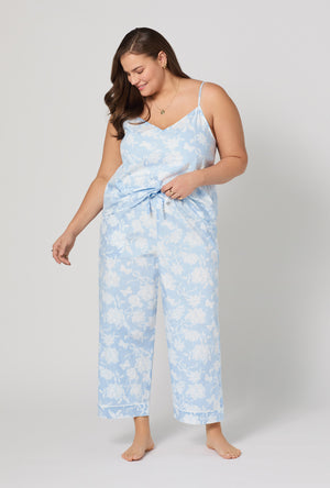 A lady wearing plus Blissful Bows Cami Woven Supersoft Cotton Poplin Cropped Pj Set
