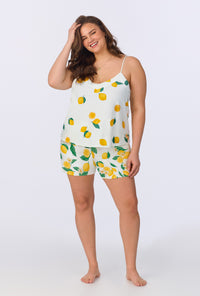 A lady wearing White and Yellow Cami Stretch Jersey Shorty plus size PJ Set front view