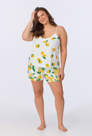 A lady wearing White and Yellow Cami Stretch Jersey Shorty plus size PJ Set front view