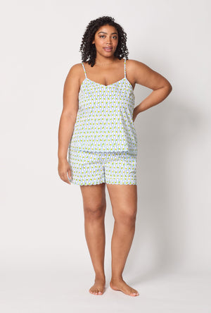 A lady wearing plus size White Cami Woven Cotton Poplin Shorty Pj Set front view