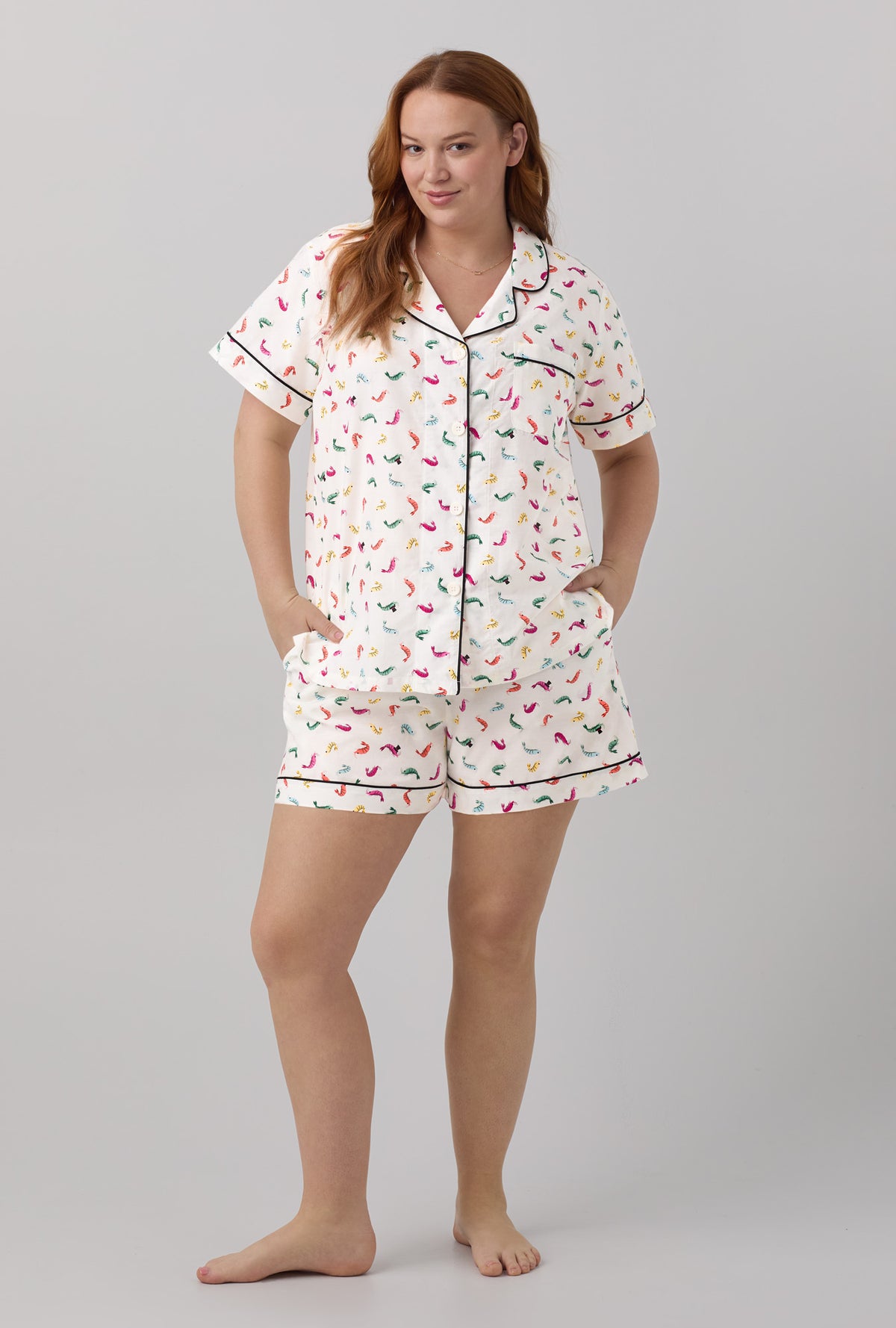 A lady wearing Short Sleeve Classic Woven Cotton Silk PJ Set with Shrimply The Best print
