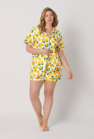 A lady wearing plus size White and Yellow Short Sleeve Classic Shorty Stretch Jersey Pj Set front view