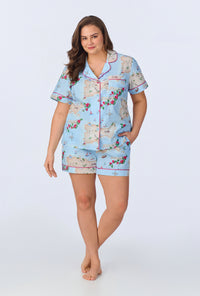 A lady wearing Ciao Capri Short Sleeve Classic Woven Cotton Poplin Shorty PJ Set