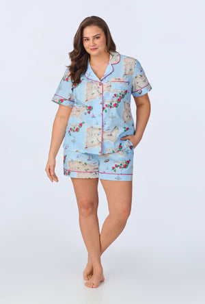 A lady wearing Ciao Capri Short Sleeve Classic Woven Cotton Poplin Shorty PJ Set