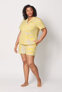 A lady wearing plus size Yellow Short Sleeve Classic Shorty Woven Cotton Sateen Pj Set front view
