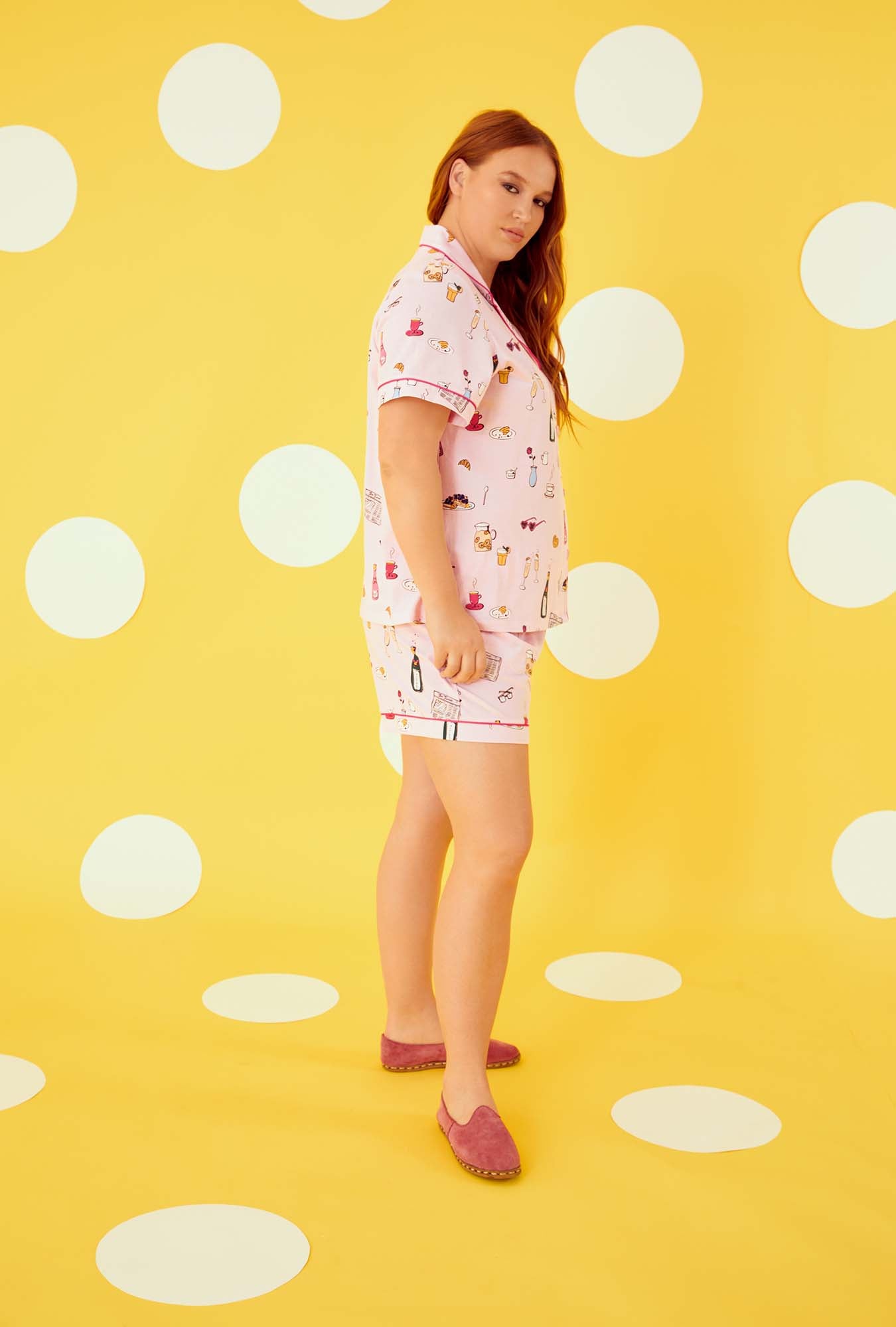A lady wearing Short Sleeve Classic Shorty Stretch Jersey PJ Set with Let's Do Brunch print