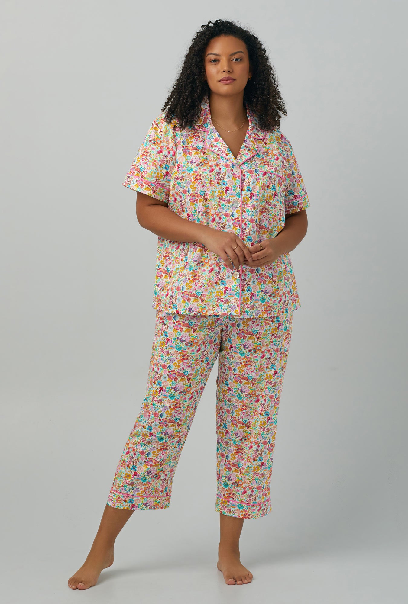 A lady wearing  multi color short Sleeve Classic Woven Cotton PJ Set with Classic Meadow print