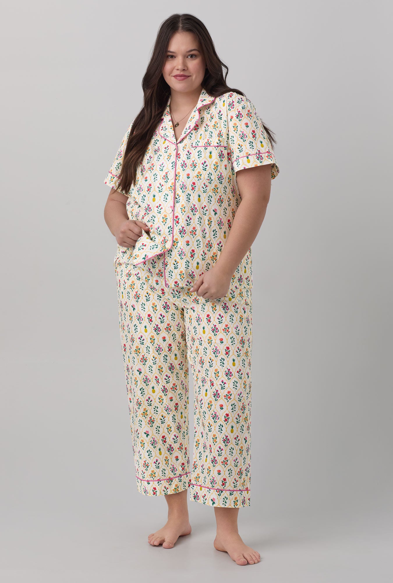 A lady wearing Short Sleeve Classic Woven Cotton Poplin Cropped PJ Set with darling floral print