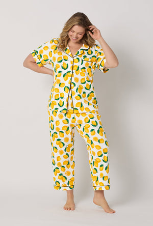 A lady wearing plus size White and Yellow Short Sleeve Classic Stretch Jersey Cropped Pj Set front view