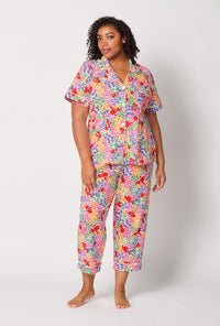 A lady wearing plus size Spring Fields Short Sleeve Classic Stretch Jersey Cropped Pj Set