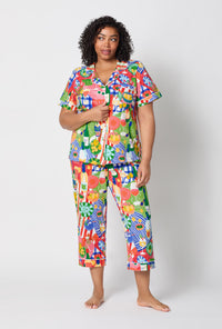 A lady wearing plus size Picnic In The Park Short Sleeve Classic Stretch Jersey Cropped Pj Set