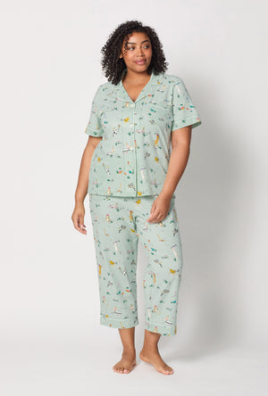 A lady wearing plus size Lawn Games Short Sleeve Classic Stretch Jersey Cropped Pj Set