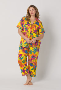 A lady wearing plus size Yellow Short Sleeve Classic Stretch Jersey Cropped Pj Set front view