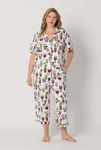 A lady wearing plus size White Short Sleeve Classic Stretch Jersey Cropped Pj Set front view