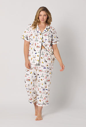 A lady wearing plus size White Short Sleeve Classic Stretch Jersey Cropped Pj Set front view