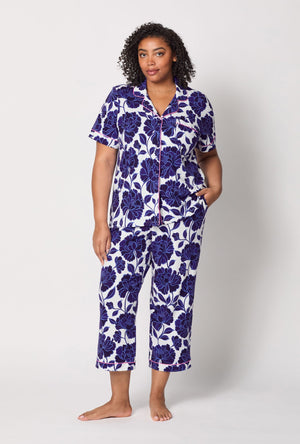 A lady wearing plus size Blue and White Short Sleeve Classic Stretch Jersey Cropped Pj Set front view