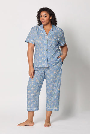 A lady wearing plus size Blue Short Sleeve Classic Woven Tana Lawn® Cropped Pj Set Made With Liberty Fabric front view