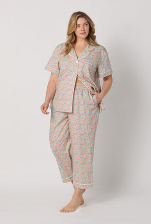 A lady wearing plus size Emma & Georgina Short Sleeve Classic Woven Tana Lawn® Cropped Pj Set Made With Liberty Fabric front view