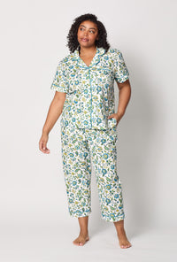 A lady wearing plus size White Short Sleeve Classic Woven Tana Lawn® Cropped Pj Set Made With Liberty Fabric front view