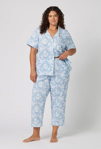 A Lady Wearing Plus Size Minuet Toile Short Sleeve Classic Stretch Jersey Cropped Pj Set