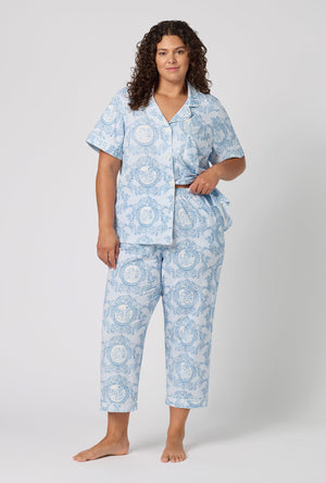 A Lady Wearing Plus Size Minuet Toile Short Sleeve Classic Stretch Jersey Cropped Pj Set