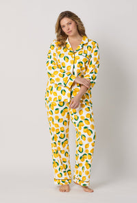 A lady wearing plus size White and Yellow Long Sleeve Classic Stretch Jersey Pj Set front view