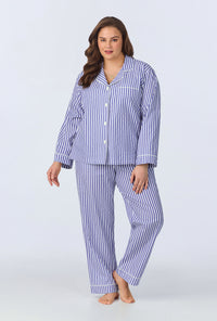 A lady wearing Navy 3D Stripe Long Sleeve Classic Woven Cotton Sateen Long PJ Set