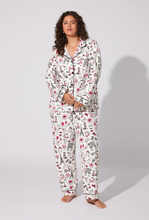 A lady wearing Bonjour Paris Long Sleeve Classic Stretch Jersey PJ Set