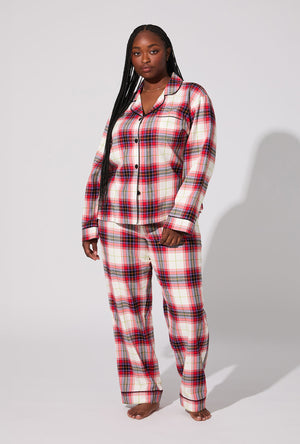 A lady wearing Equestrian Plaid Long Sleeve Classic Woven Portuguese Flannel PJ Set