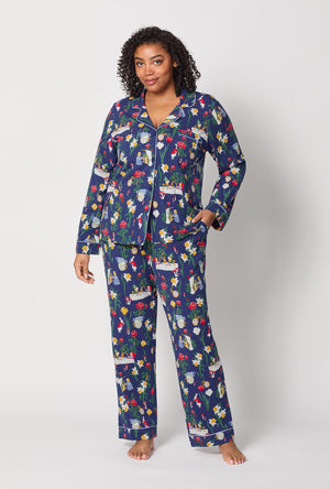 A lady wearing plus size Alice's Adventures Long Sleeve Classic Stretch Jersey Pj Set