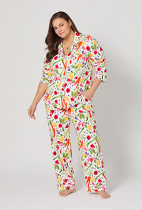A lady wearing plus Organic Garden Long Sleeve Classic Stretch Jersey Pj Set