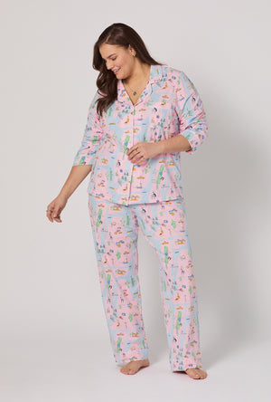 A lady wearing plus size New York, New York Long Sleeve Classic Stretch Jersey Pj Set