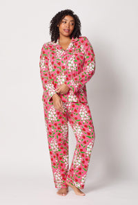 A lady wearing plus size Spring Berry Long Sleeve Classic Stretch Jersey Pj Set