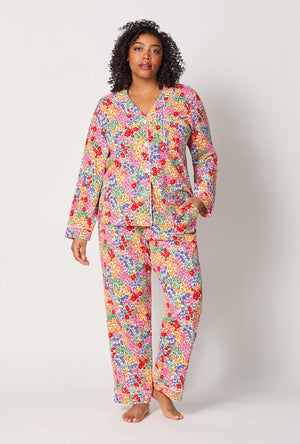 A lady wearing plus size Spring Fields Long Sleeve Classic Stretch Jersey Pj Set