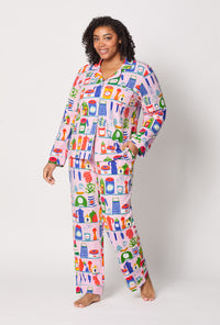A lady wearing plus size In The Kitchen Long Sleeve Classic Stretch Jersey Pj Set
