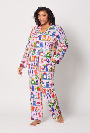 A lady wearing plus size In The Kitchen Long Sleeve Classic Stretch Jersey Pj Set