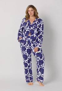 A lady wearing plus size Blue and White Long Sleeve Classic Stretch Jersey Pj Set front view