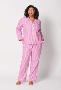 A lady wearing plus size Pink Long Sleeve Classic Woven Cotton Sateen Pj Set front view