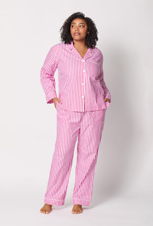 A lady wearing plus size Pink Long Sleeve Classic Woven Cotton Sateen Pj Set front view