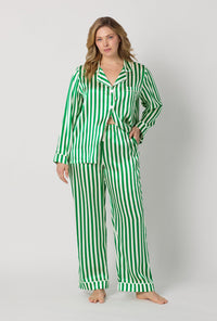 A lady wearing plus size Green and White Long Sleeve Classic Washable Silk Pj Set front view