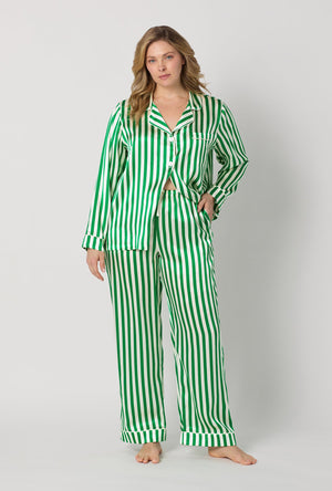 A lady wearing plus size Green and White Long Sleeve Classic Washable Silk Pj Set front view