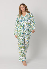 A lady wearing plus size White Long Sleeve Classic Woven Tana Lawn® Pj Set Made With Liberty Fabric front view