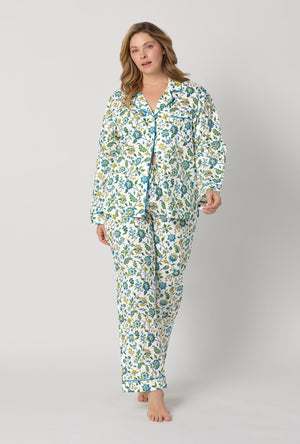 A lady wearing plus size White Long Sleeve Classic Woven Tana Lawn® Pj Set Made With Liberty Fabric front view