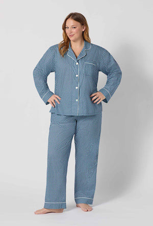 A lady wearing plus size Sebastian Long Sleeve Classic Woven Tana Lawn® Pj Set Made With Liberty Fabrics